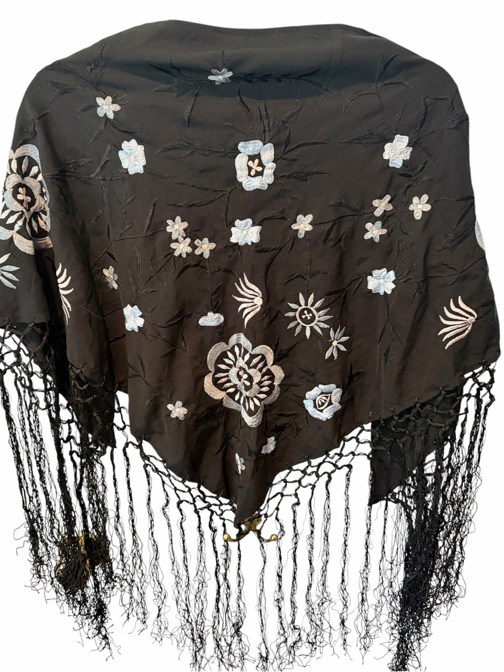 Raj Black Embroidered Fringe Shawl Wrap Boho Floral Evening Cover Up